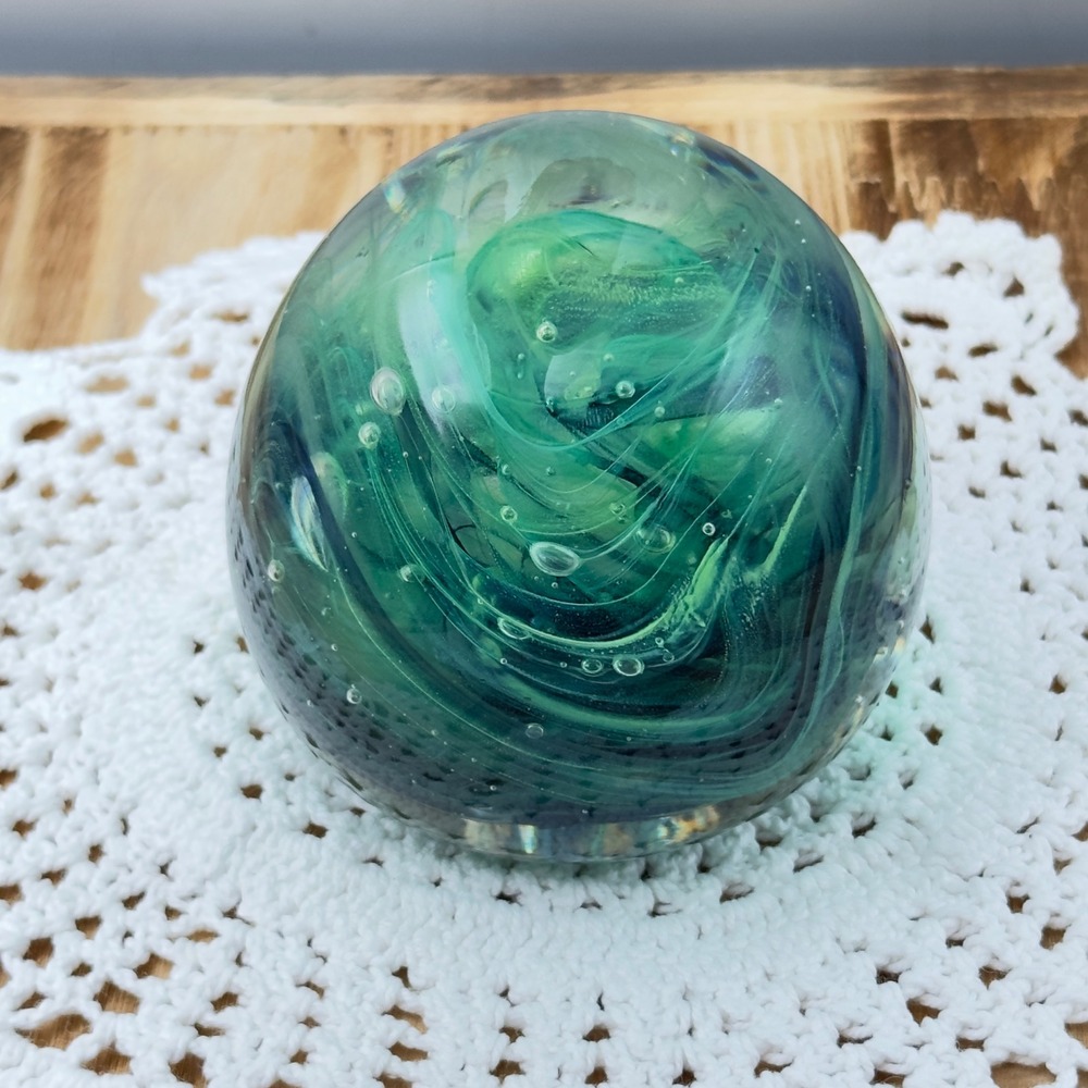 Round Art Glass Paperweight Green Teal Swirl Controlled Bubble Egg Orb 3" Decor - Picture 3 of 13